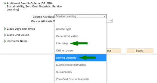 Course Attribute dropdown menu with arrows pointing to internship and service learning
