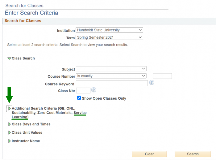 Arrow to "Additional Search Criteria" section with service learning underlined